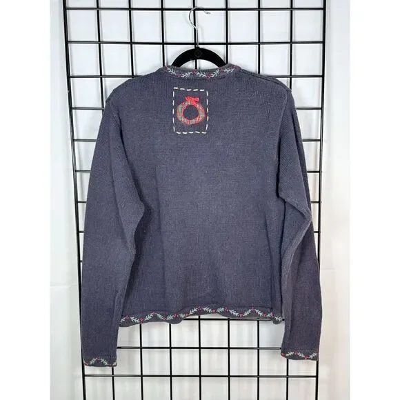 VTG Northern Treasures Womens M Navy Blue Button-Up Cardigan Holiday Sweater - Picture 2 of 7
